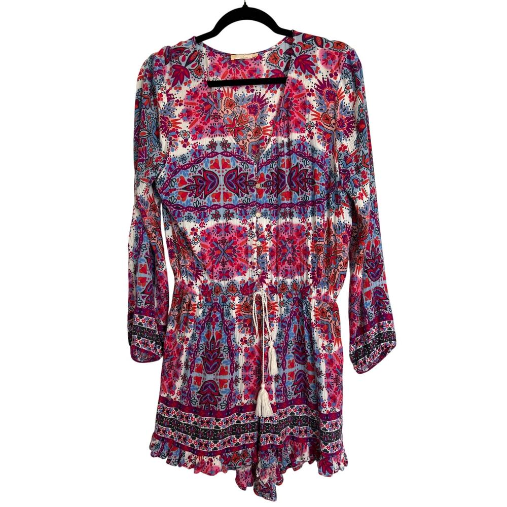 Altar’s State | Pink Boho Paisley Drawstring Waist Ruffle Trim Romper | Large
